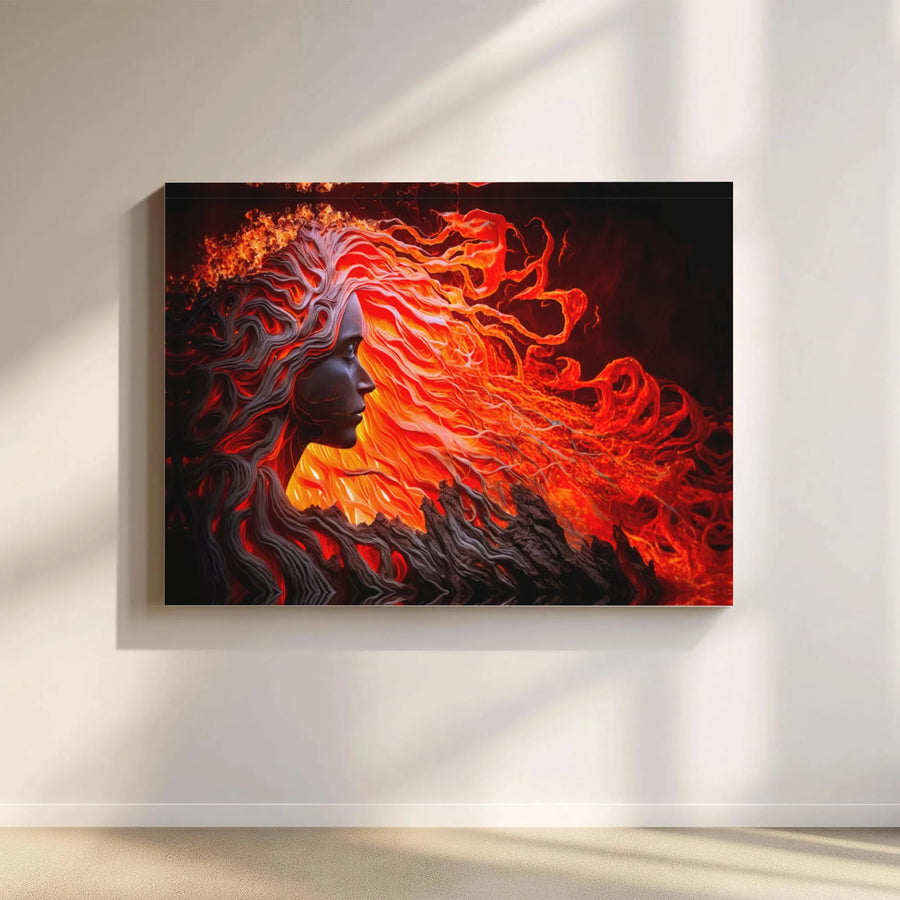 Fire Goddess Canvas Wall Art | Surreal Volcanic Lava Hair Portrait | Premium 1.25-Inch Gallery Wrap | Mythological Home Decor Gift