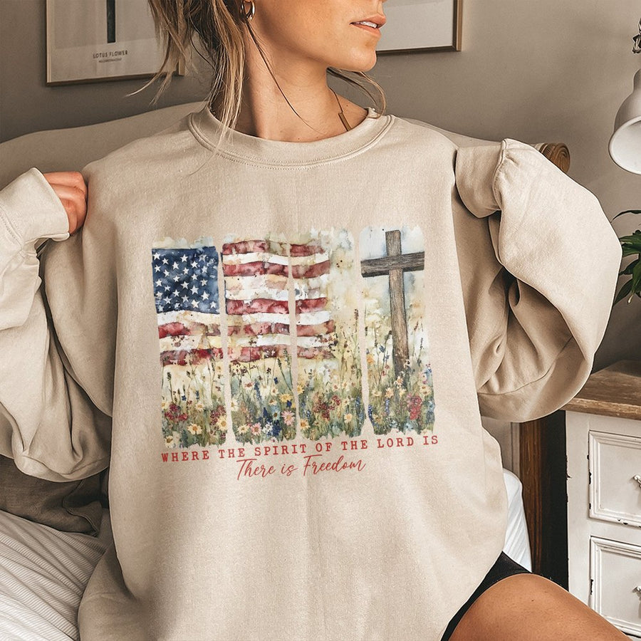 Where The Spirit Of The Lord Is There Is Freedom Sweatshirt | Patriotic American Flag & Cross Design | Premium Cotton Blend | Christian Religious Gift