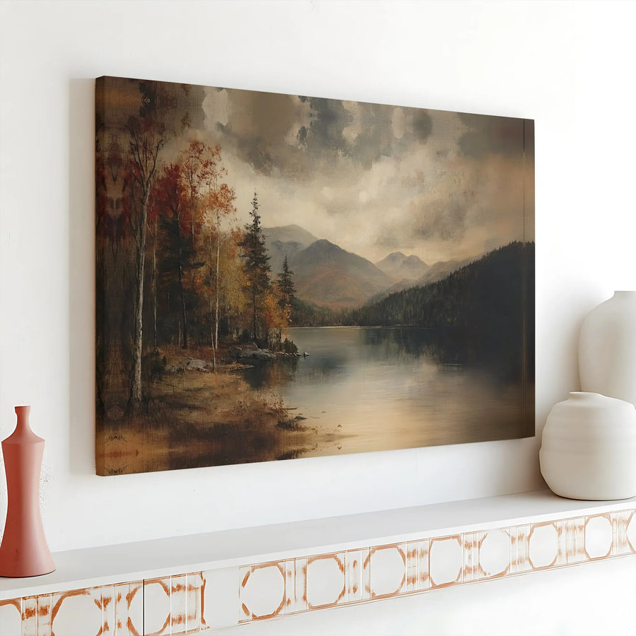 Autumn Mountain Lake Canvas Wall Art | Moody Forest Oil Painting Print | Premium Gallery Wrapped Canvas | Rustic Cabin & Farmhouse Decor Gift