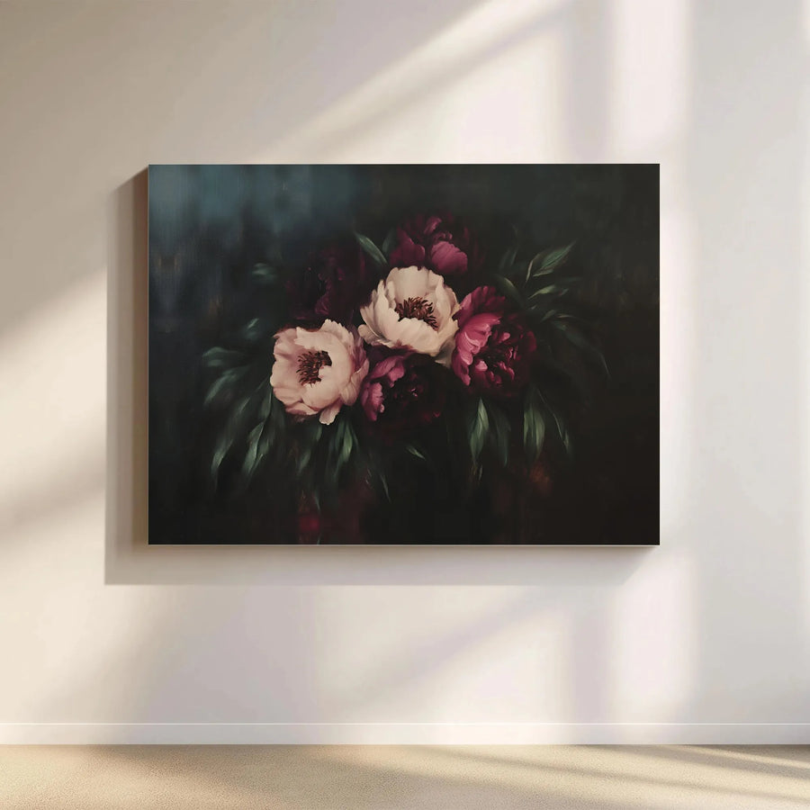 Moody Dark Floral Canvas Wall Art | Peony Bouquet Still Life Oil Painting Style | Premium 1.25 Inch Gallery Wrap | Elegant Home Decor Gift