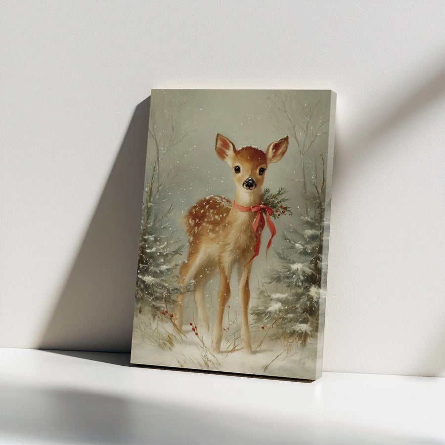 Vintage Christmas Fawn Canvas Wall Art | Snowy Forest Deer Holiday Decor | Premium Gallery Wrap Print | Festive Nursery and Winter Home Gift