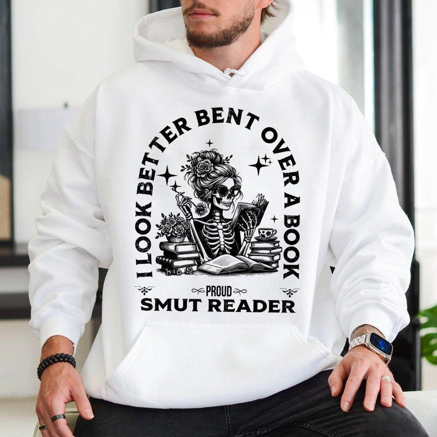 Smut Reader Hoodie | Funny Book Lover Skeleton Graphic | Premium Cotton Blend Cozy Sweatshirt | Gift For Dark Romance Readers Women
