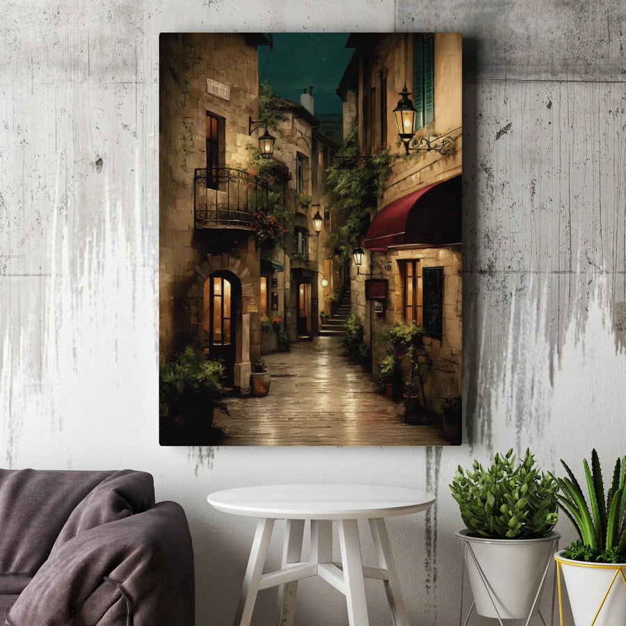 European Street Canvas Wall Art | Cozy Night Alleyway Oil Painting Style | Premium 1.25 inch Gallery Wrap | Atmospheric Home Decor Gift