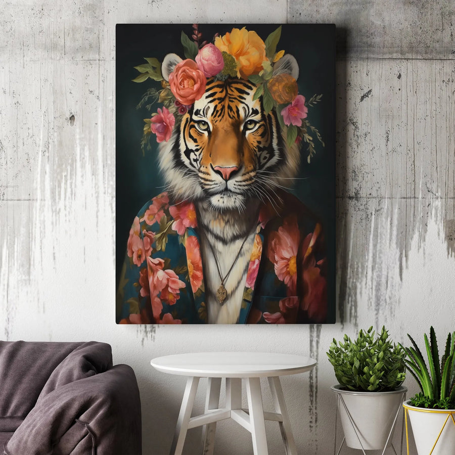 Tiger Floral Portrait Wall Art | Whimsical Animal in Flower Crown | Premium 1.25" Gallery Canvas | Unique Home & Office Decor Gift