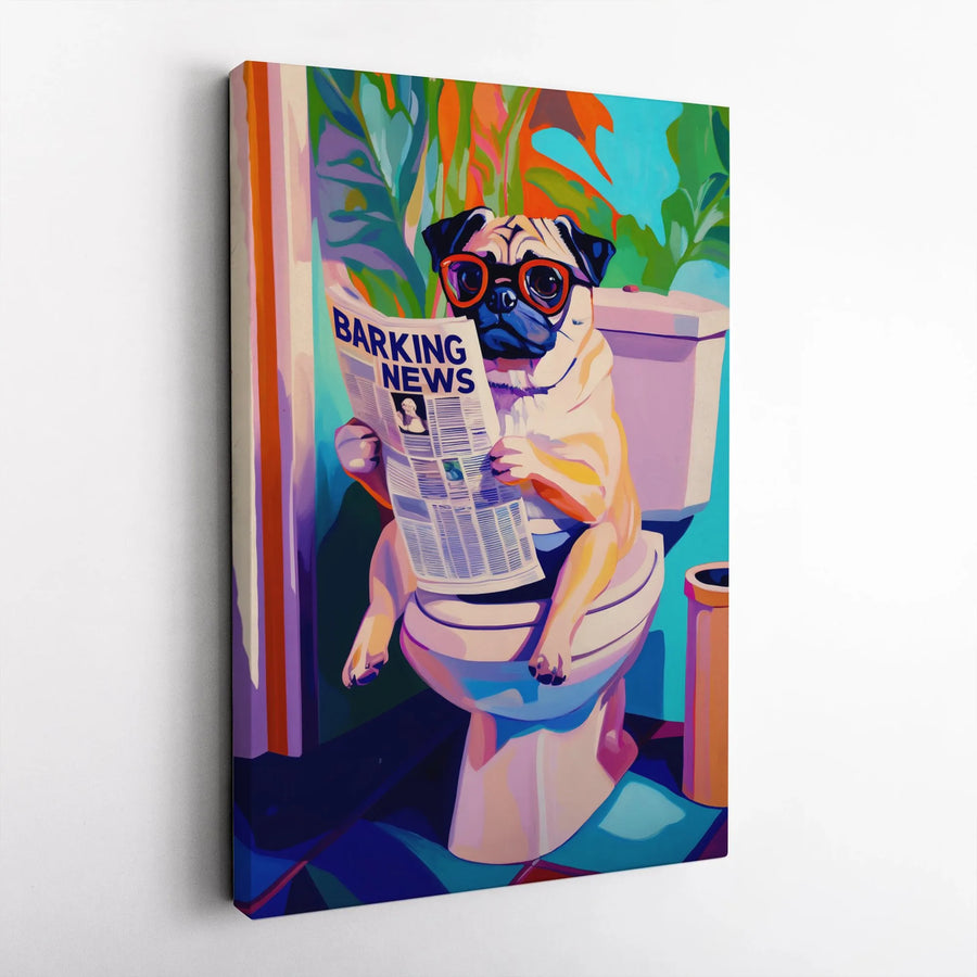 Pug Reading Newspaper Canvas Art | Funny Dog on Toilet Pop Art Print | Premium 1.25" Gallery Wrap | Quirky Bathroom Decor Gift for Dog Lovers