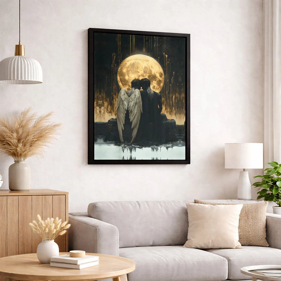 Angel and Demon Couple Wall Art | Gothic Fantasy Moon Canvas Print | Gallery Quality 1.25-inch Profile | Unique Romantic Home Decor Gift