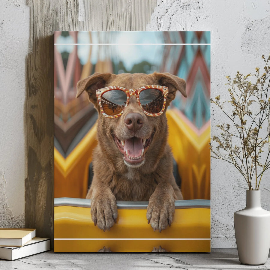 Funny Dog Roller Coaster Canvas | Happy Dog Wearing Sunglasses | Premium Gallery Wrapped Wall Art | Whimsical Pet Lover Gift