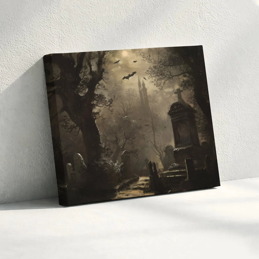Gothic Graveyard Canvas Wall Art | Spooky Night Cemetery with Bats and Moon | Premium Gallery-Wrapped Print | Dark Academia Home Decor Gift