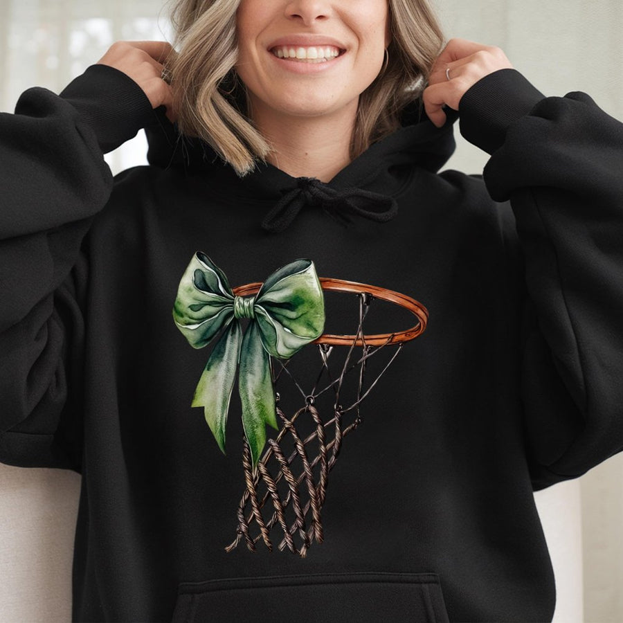 Basketball Mom Hoodie | Watercolor Hoop With Green Bow Design | Premium Cotton-Poly Blend | Game Day Apparel Gift for Basketball Fans