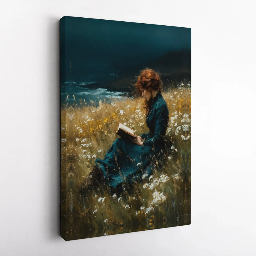 Woman Reading Book Canvas Wall Art | Moody Wildflower Field Aesthetic | Premium Fade-Resistant Print | Romantic Literary Home Decor Gift