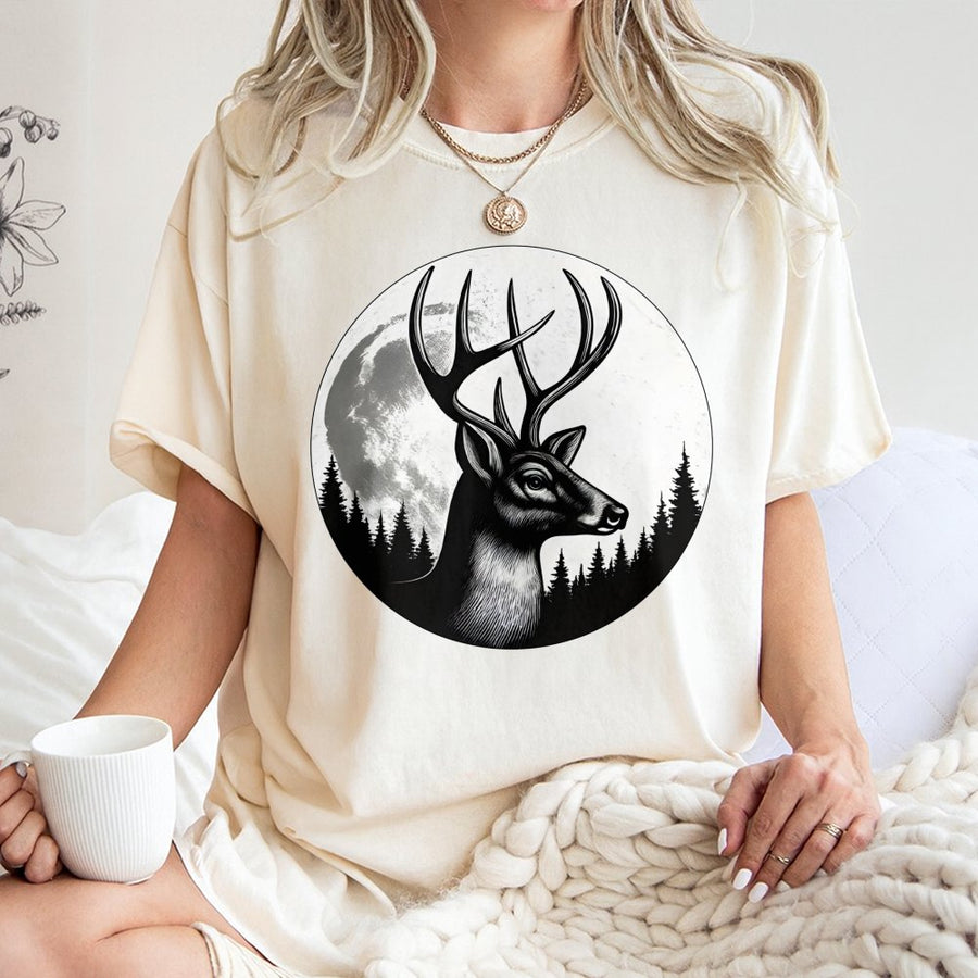 Deer Hunting T-Shirt | Majestic Buck Moon Forest Graphic | 100% Cotton Premium Tee | Nature Lover Wildlife Outdoor Gift