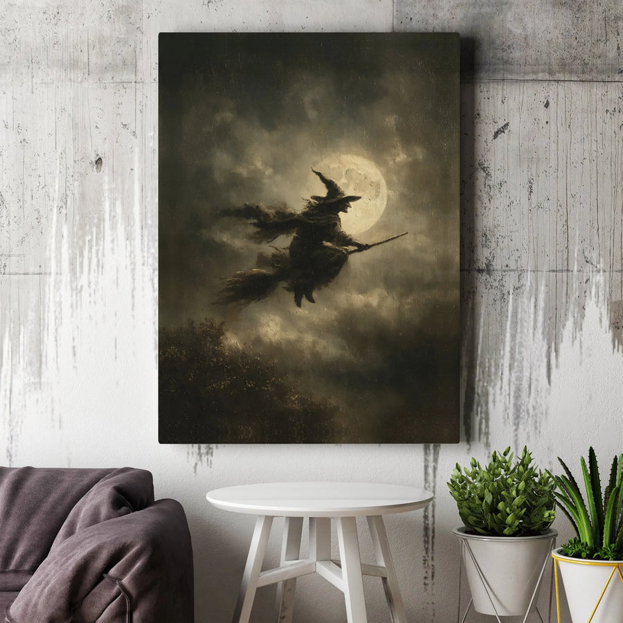 Witch Flying on Broomstick Wall Art | Gothic Full Moon Canvas Print | Premium Fade-Resistant Gallery Wrap | Spooky Halloween Home Decor Gift