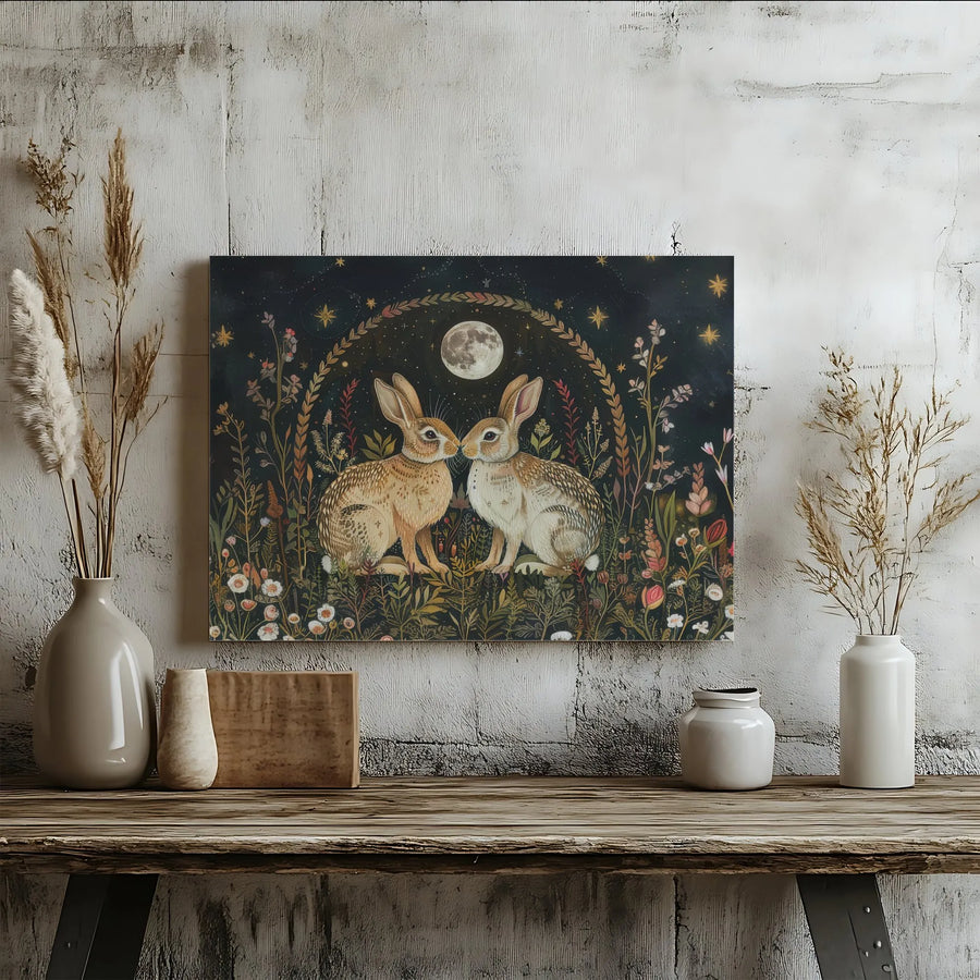 Rabbit Wall Art | Celestial Moon & Botanical Wildflowers Print | Premium Gallery-Wrapped Canvas | Cottagecore Aesthetic Gift for Nature Lovers