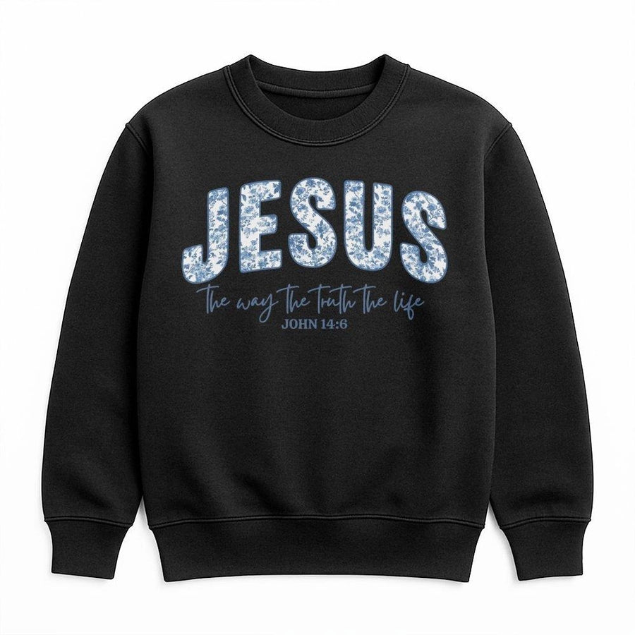 Jesus The Way The Truth The Life Sweatshirt | Blue Floral Aesthetic Bible Verse Design | Premium Cotton Blend | Faith-Based Religious Gift