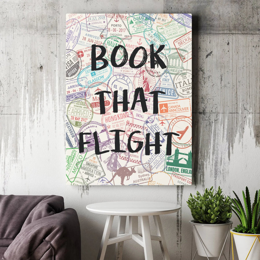 Book That Flight Canvas Wall Art | Passport Stamp Collage Print | Premium Thick Gallery Canvas | Inspirational Gift for Traveler