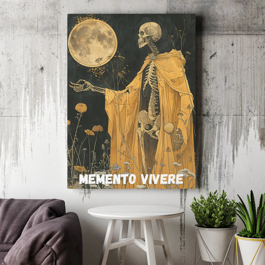 Memento Vivere Skeleton Canvas Art | Gothic Moon And Floral Design | Premium Gallery-Wrapped Print | Dark Academia Home Decor Gift