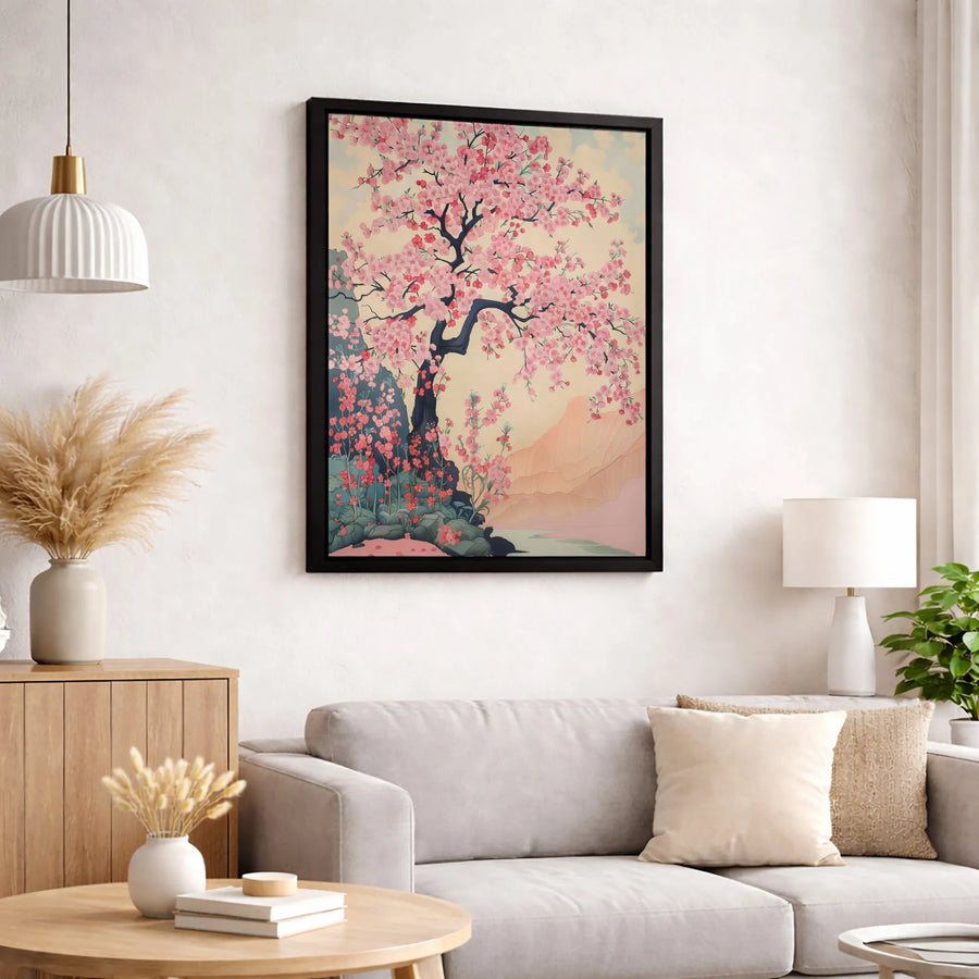 Japanese Cherry Blossom Canvas Art | Pink Sakura Tree Landscape Wall Decor | Gallery Quality Premium Print | Serene Zen Home Interior Gift