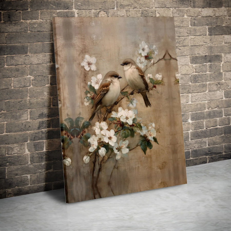 Sparrow Wall Art Canvas | Vintage Bird and Blossom Painting | Premium High-Resolution Print | Farmhouse Cottagecore Decor Gift