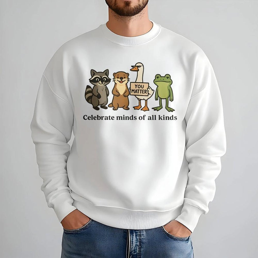 Celebrate Minds Of All Kinds Sweatshirt | Neurodiversity Awareness Animal Design | Premium Cotton Blend | Gift For Teachers And Students