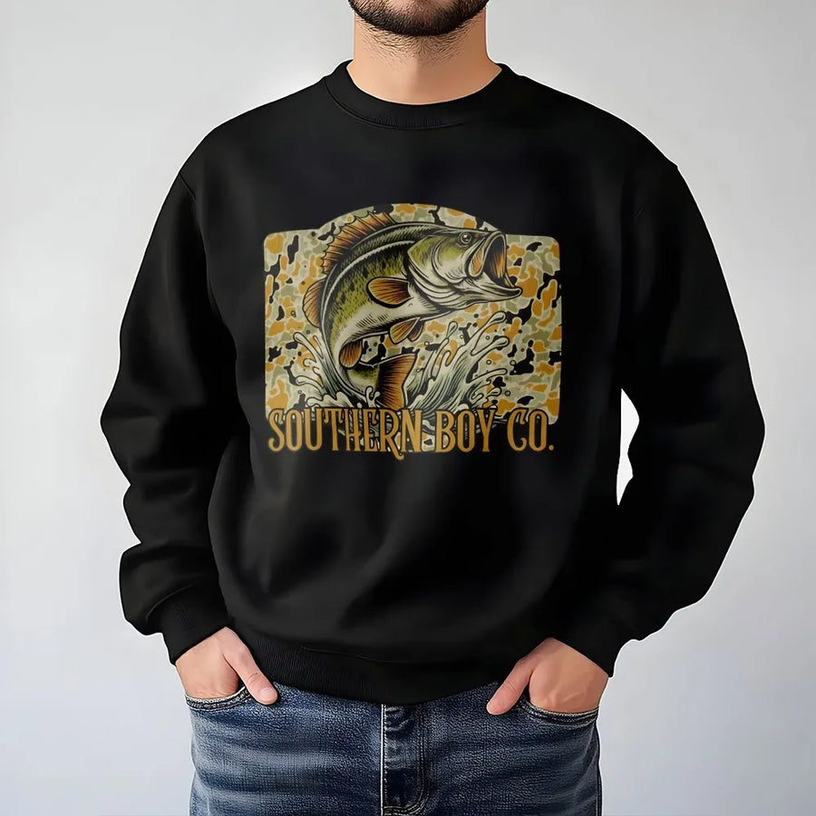 Bass Fishing Sweatshirt | Camo Retro Graphic Print | Soft Premium Cotton Blend | Country Outdoors Gift for Men & Women