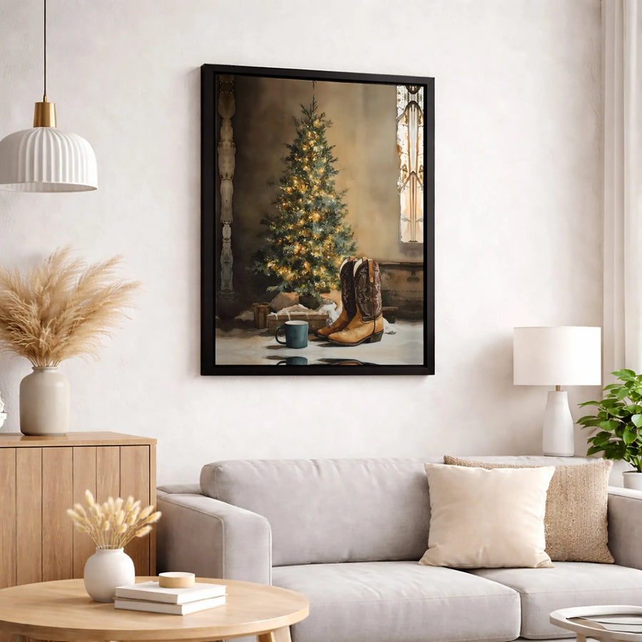 Western Christmas Wall Art | Cowboy Boots and Lit Tree Painting | Premium 1.25 Inch Canvas Print | Rustic Holiday Home Decor Gift for Cowgirl