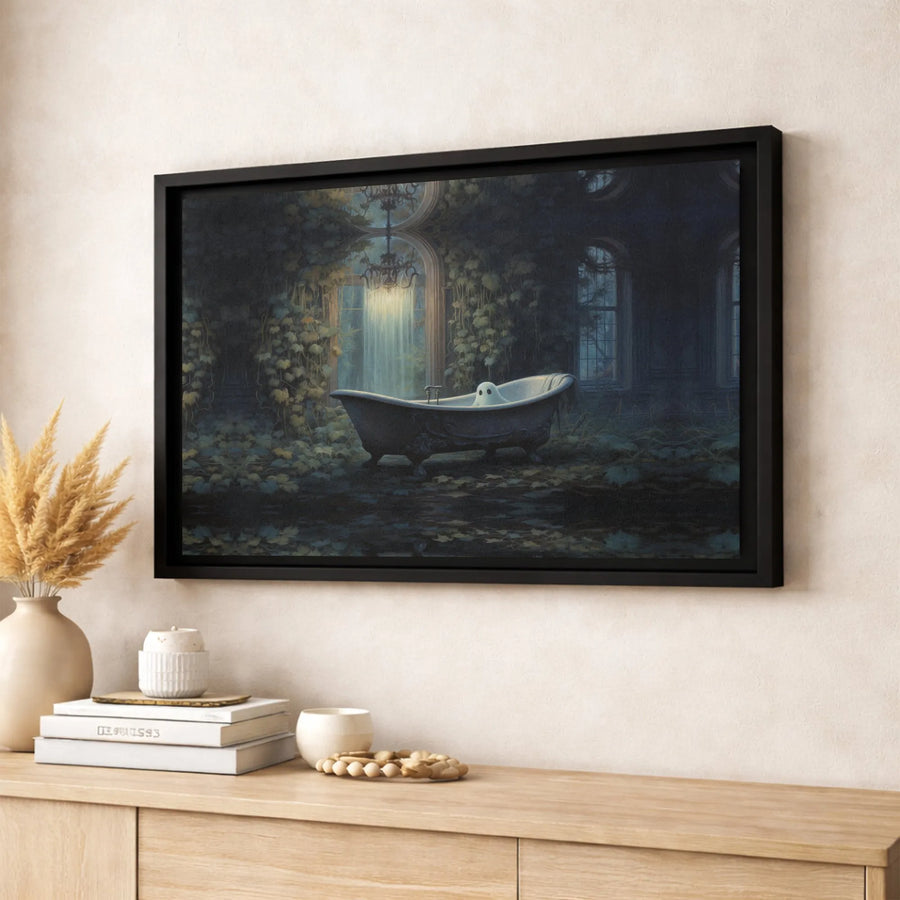 Ghost In Bathtub Canvas Art | Whimsical Spooky Bathroom Wall Decor | Premium Fade-Resistant Gallery Wrap | Gothic Aesthetic Home Gift