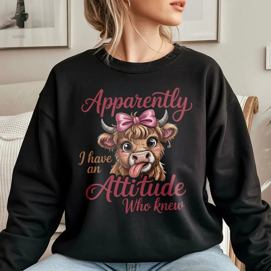 Highland Cow Sweatshirt | Apparently I Have An Attitude Funny Graphic | Premium Cotton Blend | Gift For Farm Animal Lovers And Sassy Women