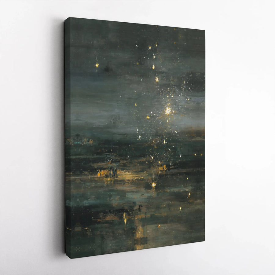 Abstract Night Sky Canvas Print | Moody City Lights Seascape Painting | Premium Gallery Wrapped Canvas | Modern Living Room & Office Wall Decor Gift