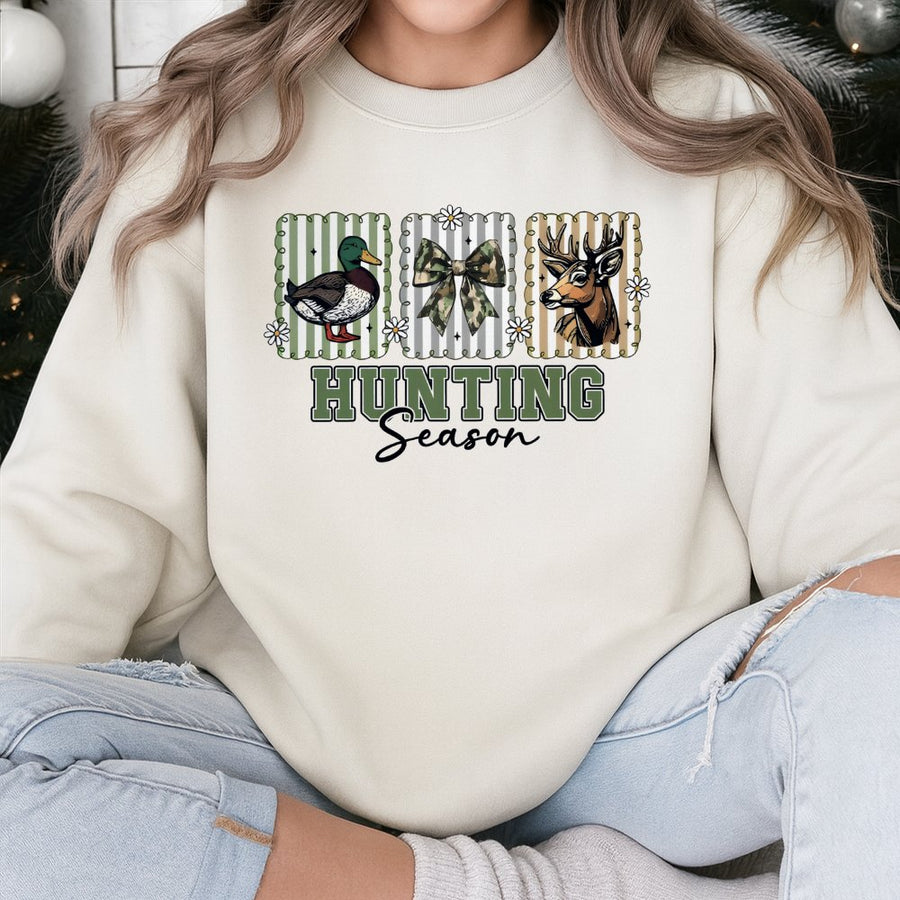 Hunting Season Sweatshirt | Duck and Deer Camo Bow Design | Premium Cotton Blend | Gift for Outdoor Lovers and Women Hunters