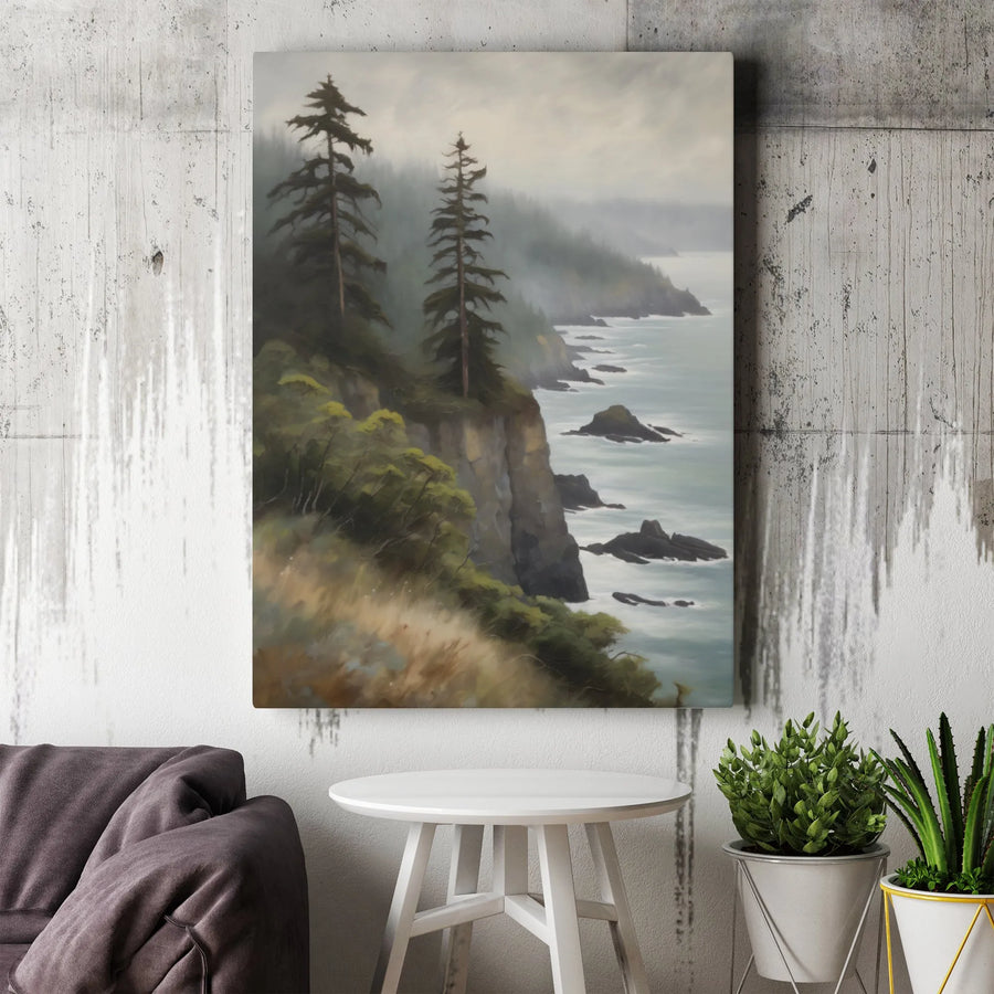 Pacific Northwest Canvas Print | Moody Forest Seascape Oil Painting Style | Premium Gallery Wrapped Art | Living Room & Cabin Decor