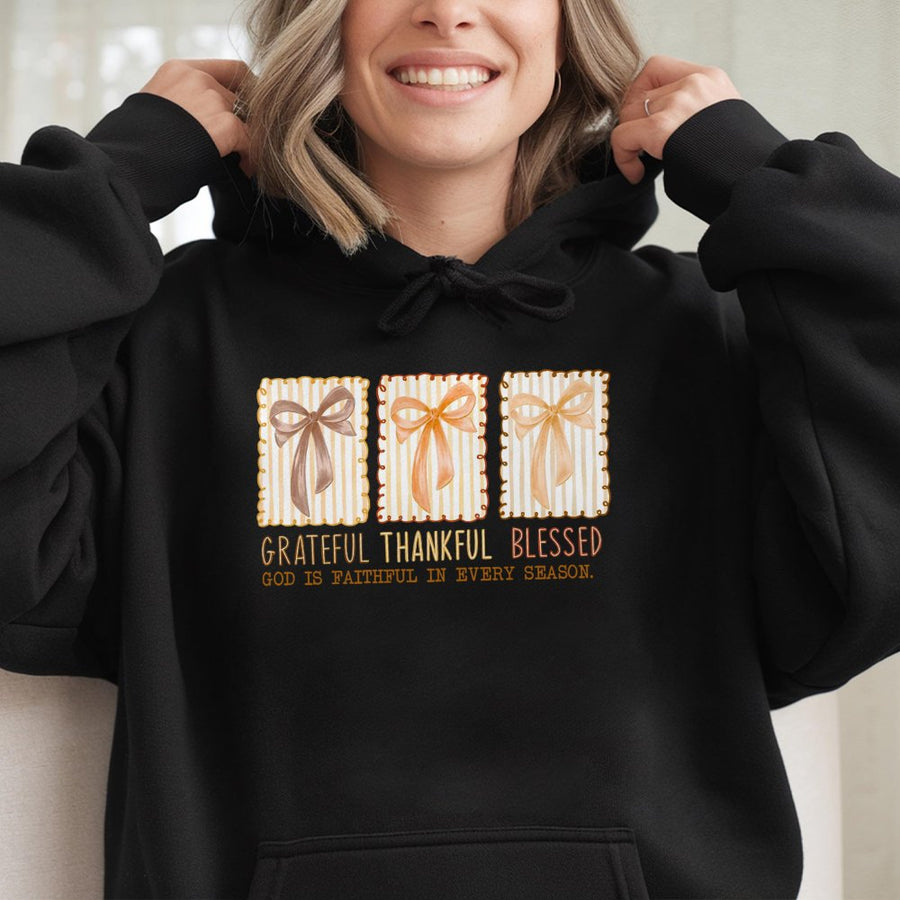 Grateful Thankful Blessed Hoodie | Aesthetic Bow Graphic Coquette Style | Premium Cotton Blend Sweatshirt | Christian Faith Gift for Her