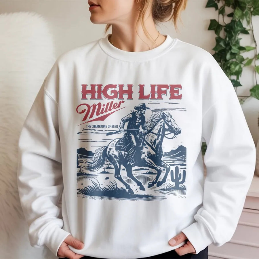 Miller High Life Sweatshirt - Featuring Front Red Miller Logo, And Back Graphic Of Cowboy On Horse In Desert Scene With The Champagne