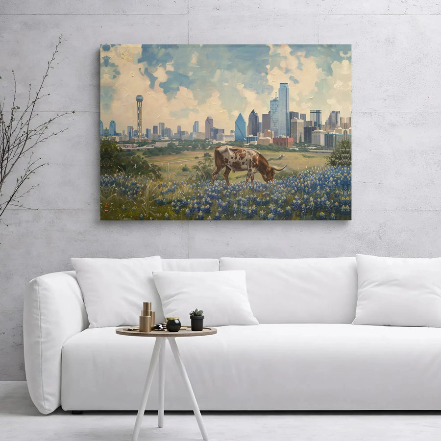 Dallas Skyline Canvas Print | Texas Longhorn Grazing in Bluebonnets | 1.25" Gallery Wrap Wall Art | Premium Texas Decor Gift