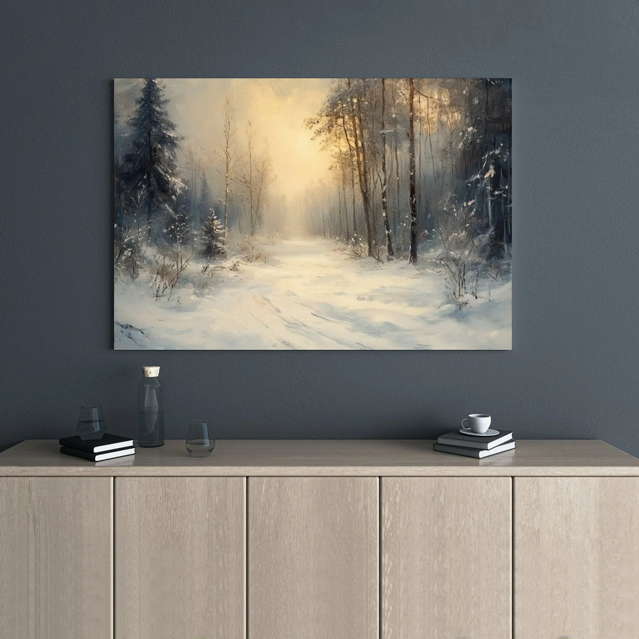 Winter Forest Canvas Wall Art | Snowy Woodland Landscape with Golden Sunlight | 1.25 Inch Gallery Wrap | Seasonal Home Decor Gift