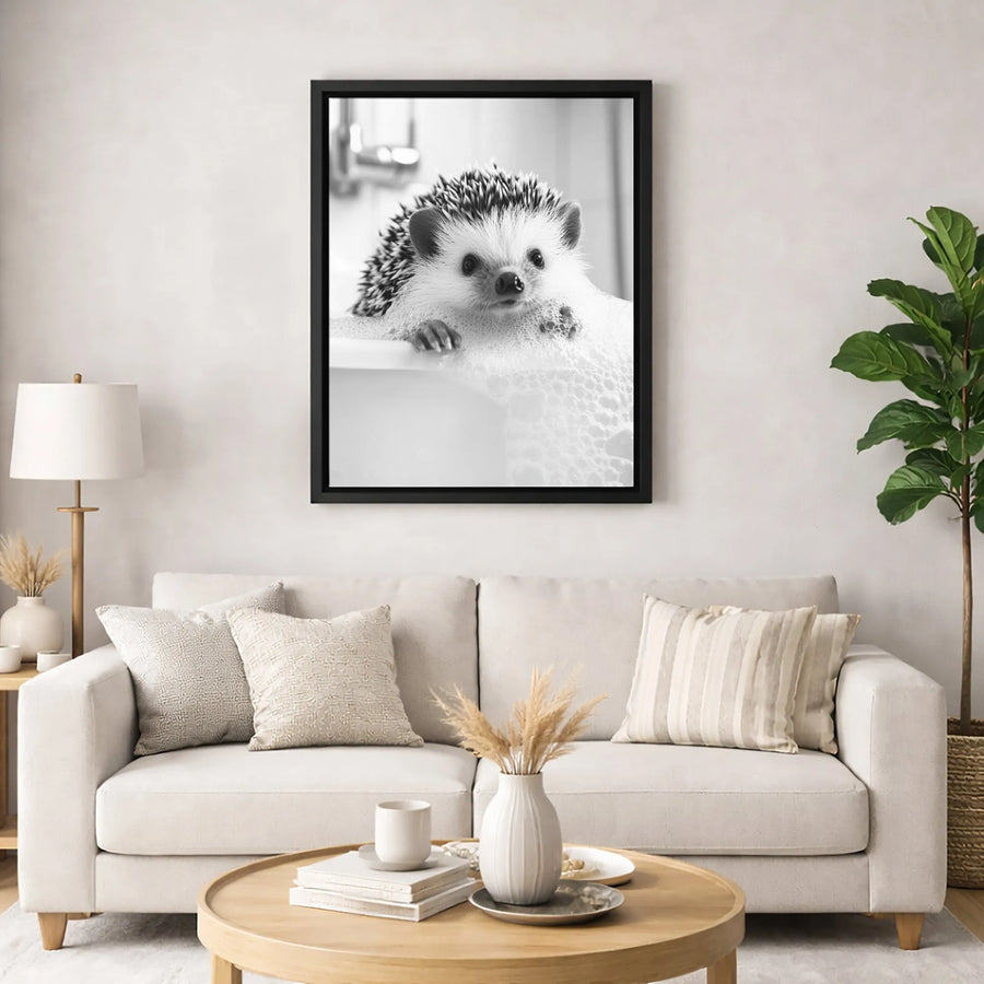 Cute Hedgehog Wall Art | Black and White Bubble Bath Animal Print | Premium 1.25-Inch Gallery Canvas | Whimsical Nursery or Bathroom Decor Gift