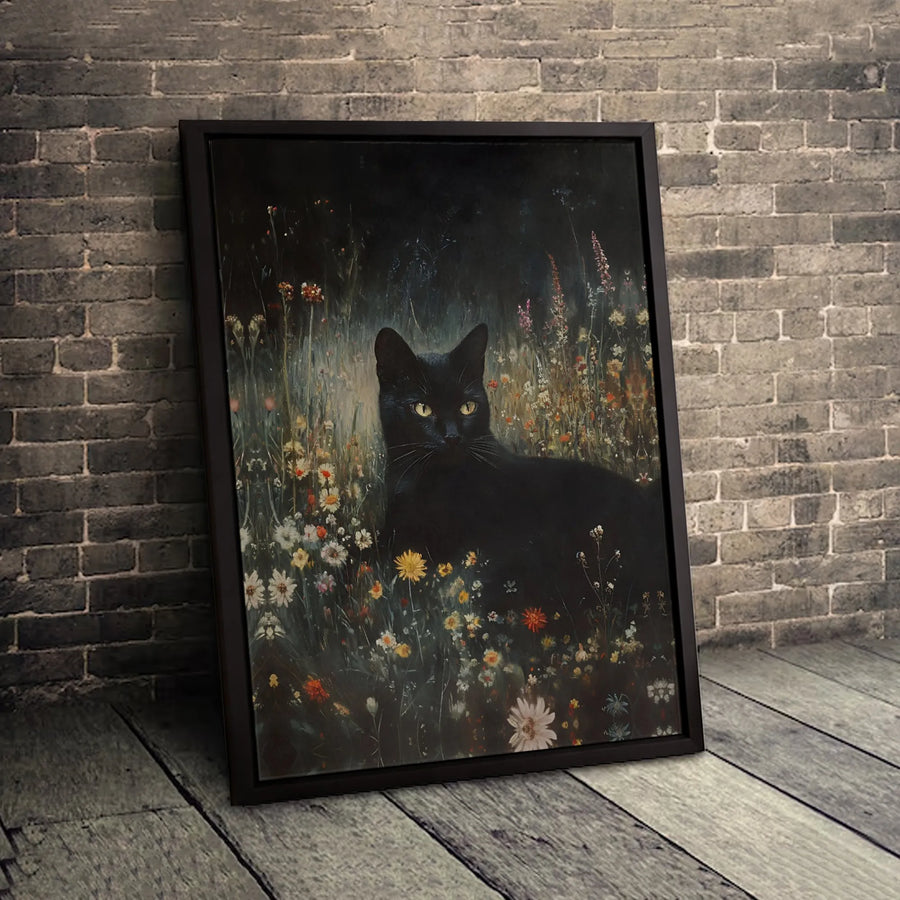 Black Cat Wall Art | Moody Wildflower Garden Painting | Premium 1.25” Gallery Wrap Canvas | Gothic Cottagecore Decor for Cat Lovers