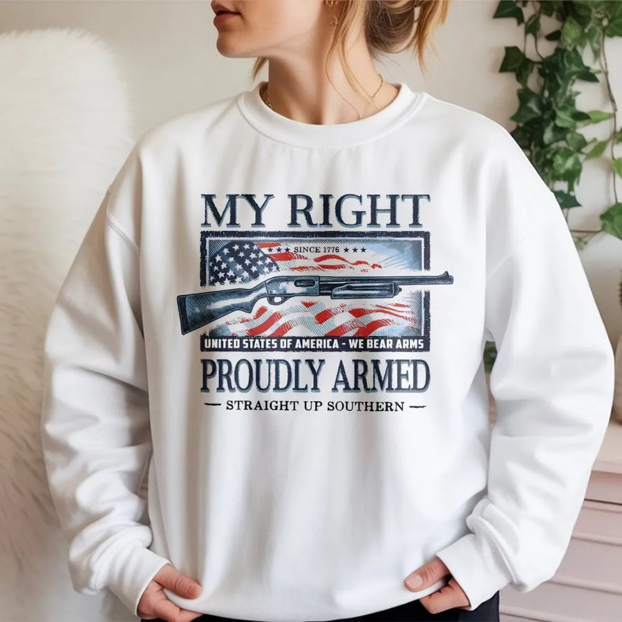 Proudly Armed Patriot Sweatshirt | Distressed US Flag & Shotgun Graphic | Premium Cotton Blend | Unisex 2nd Amendment Gift for Gun Owners