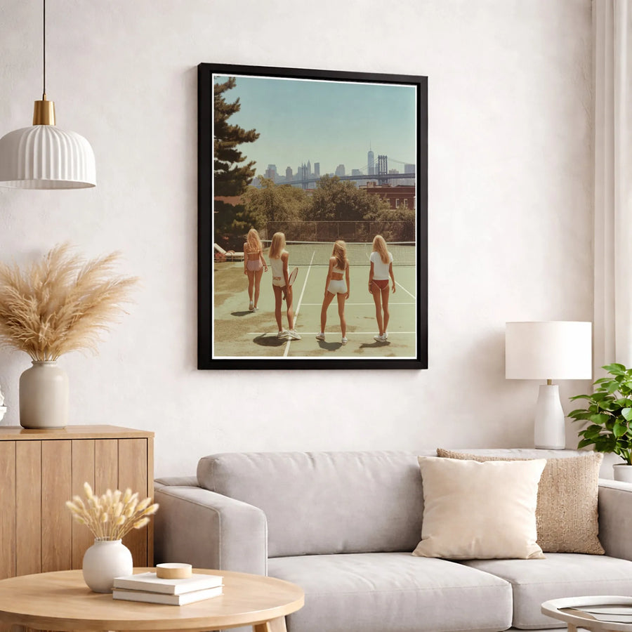 Vintage Tennis Court Canvas Print | NYC Skyline Aesthetic Wall Art | 1.25 Inch Premium Gallery Wrap | Retro Sport Decor For Apartment
