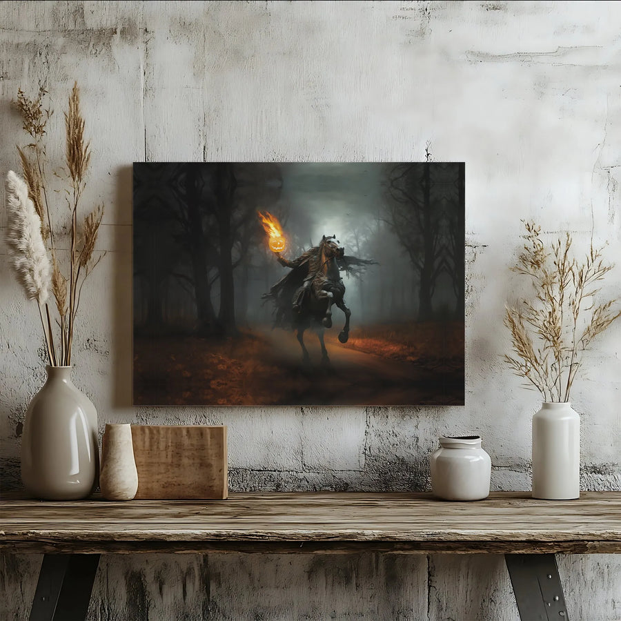 Headless Horseman Canvas Art | Gothic Flaming Pumpkin Wall Decor | Premium Fade-Resistant Gallery Wrap | Spooky Halloween Home Gift