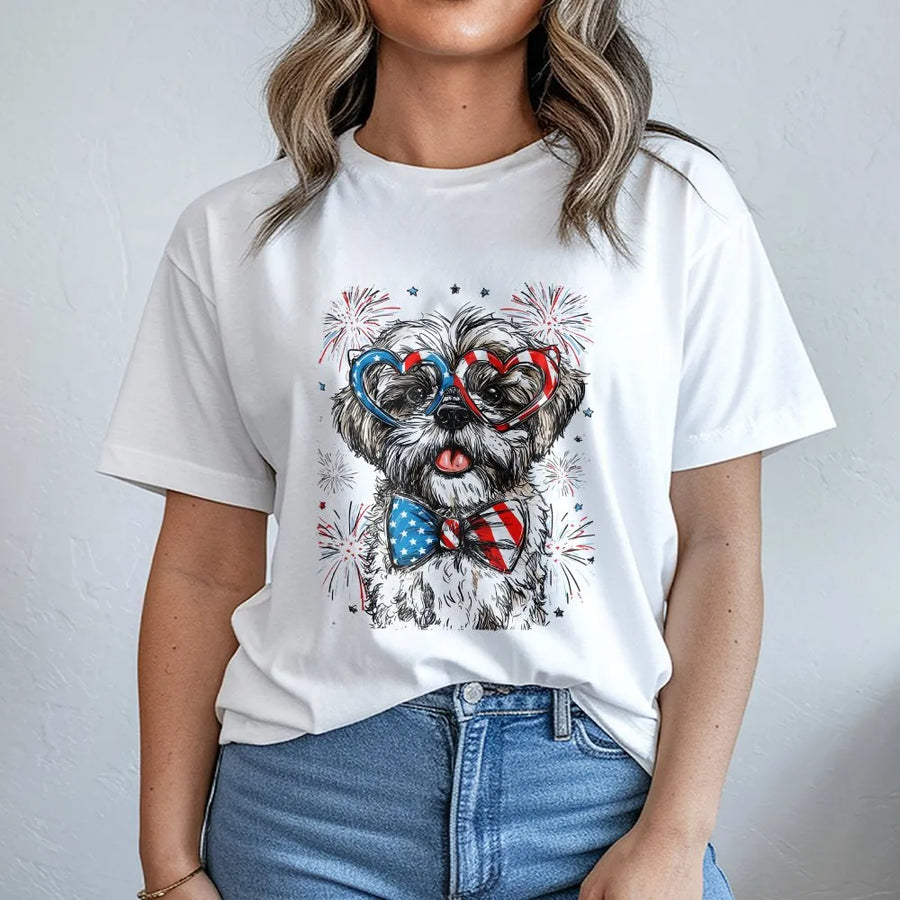 Patriotic Shih Tzu T-Shirt | USA Flag Glasses & Fireworks Graphic | Cozy Cotton Blend | 4th of July Gift for Dog Lover