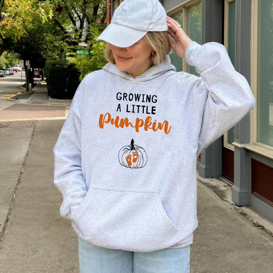 Growing A Little Pumpkin Hoodie | Fall Pregnancy Announcement Sweatshirt | Soft Cotton-Polyester Blend | Trendy Thanksgiving Maternity Gift for Mom