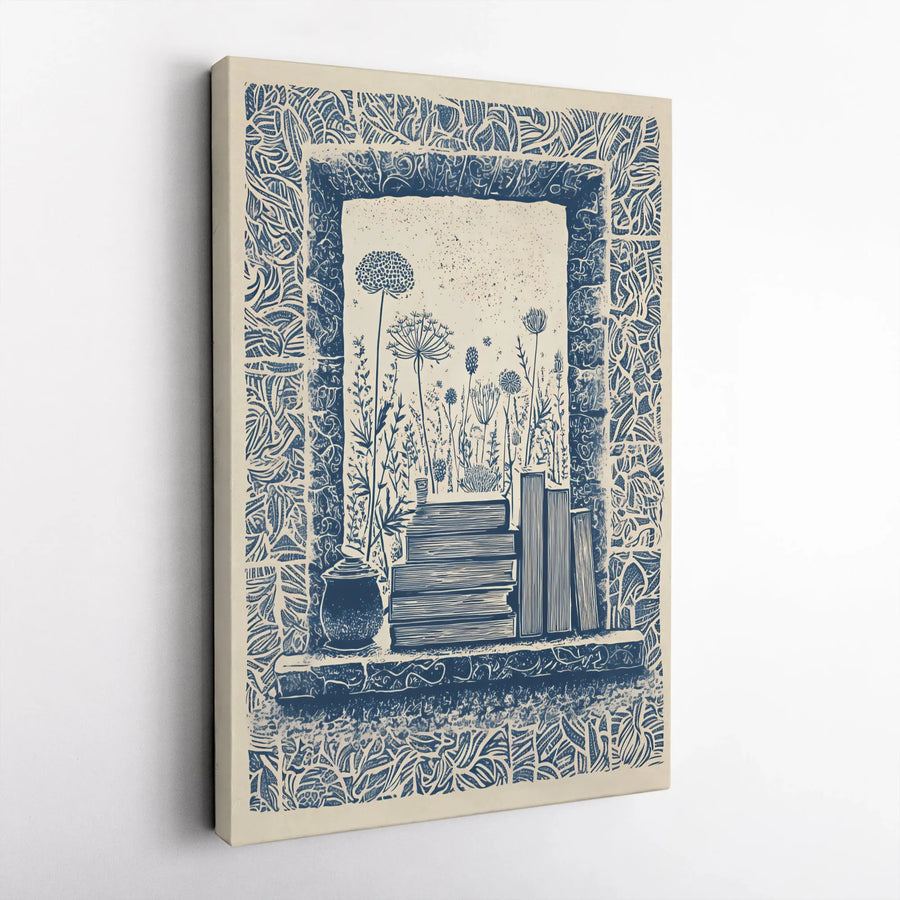 Wildflower Bookshelf Canvas Print | Blue Linocut Botanical Art | Premium Gallery Wrapped Canvas | Modern Farmhouse Wall Decor Gift for Book Lovers