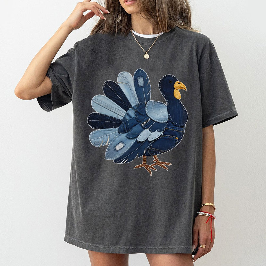 Denim Patchwork Turkey T-Shirt | Rustic Farmhouse Thanksgiving Design | 100% Cotton Premium Quality | Festive Fall Graphic Tee for Men and Women