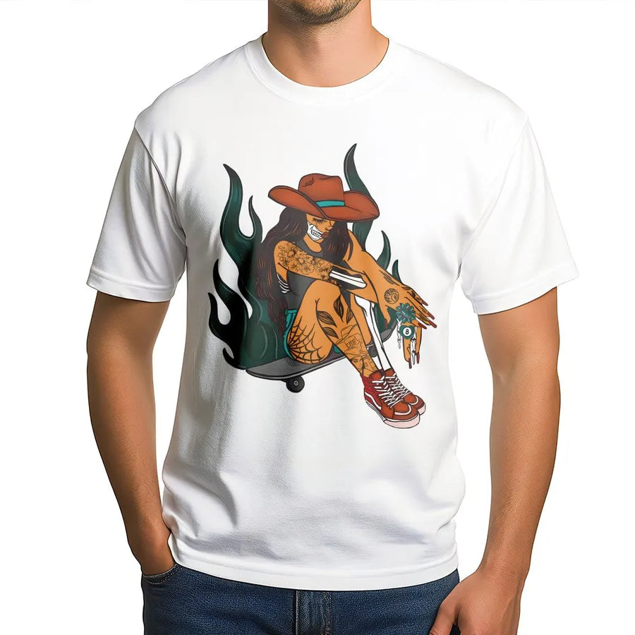 Western Goth T-Shirt | Tattooed Cowgirl on Skateboard Graphic | Premium Cotton-Blend Sweatshirt | Keep on Rollin' Alt Streetwear Gift