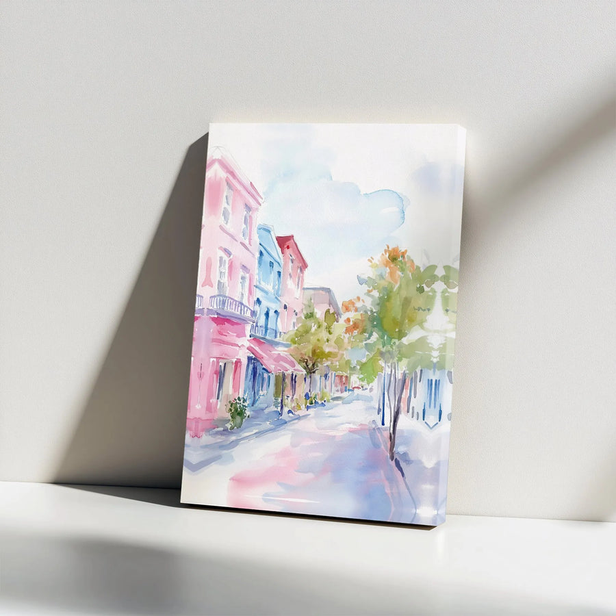 Colorful City Street Canvas Wall Art | Watercolor European Townscape Print | Premium 1.25-Inch Gallery Wrap | Home Office Living Room Decor Gift