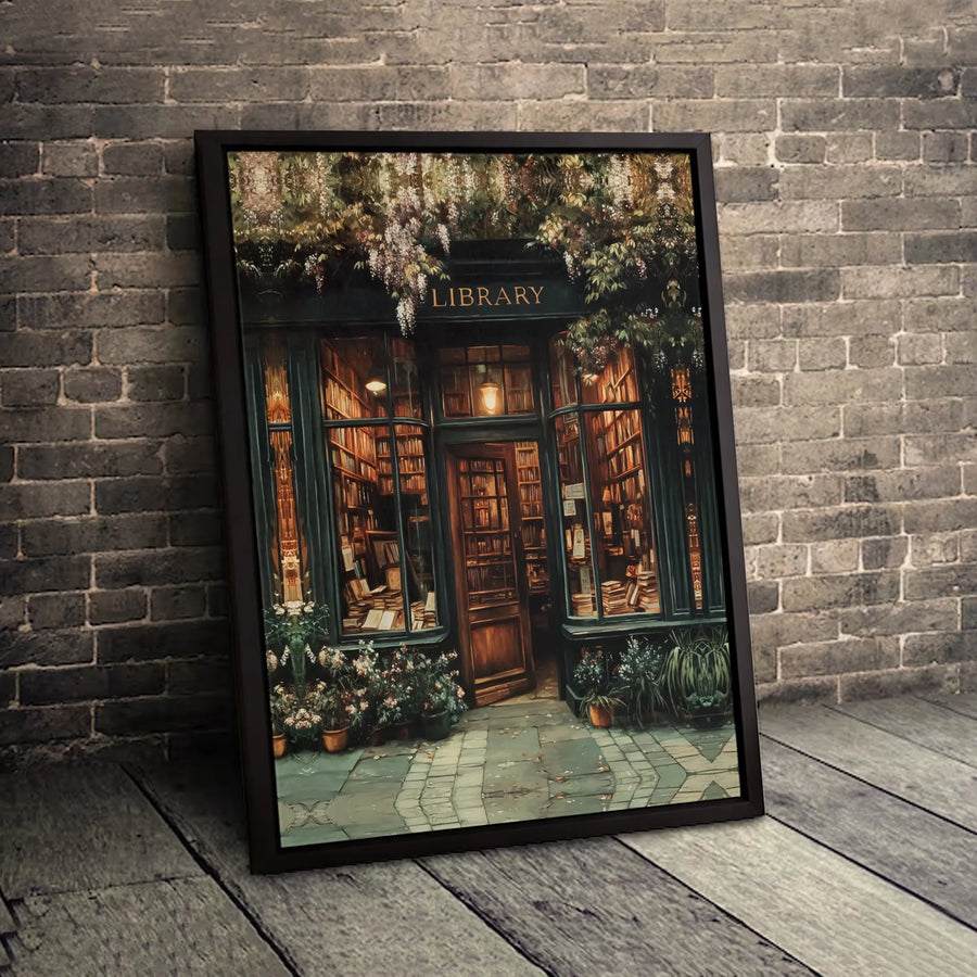 Vintage Library Storefront Canvas Art | Whimsical Wisteria Bookshop Print | Premium 1.25-Inch Gallery Wrap | Academic Home Office Decor Gift