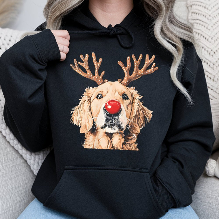 Golden Retriever Christmas Hoodie | Reindeer Antlers & Red Nose Dog Mom Pullover | Premium Cotton Blend | Funny Holiday Gift for Dog Lovers
