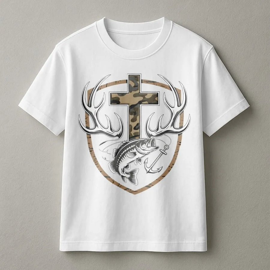 Christian Fishing T-Shirt | Camo Cross Deer Antler Graphic | Premium 100% Cotton | Faith Based Outdoorsman Gift for Hunters and Fishermen