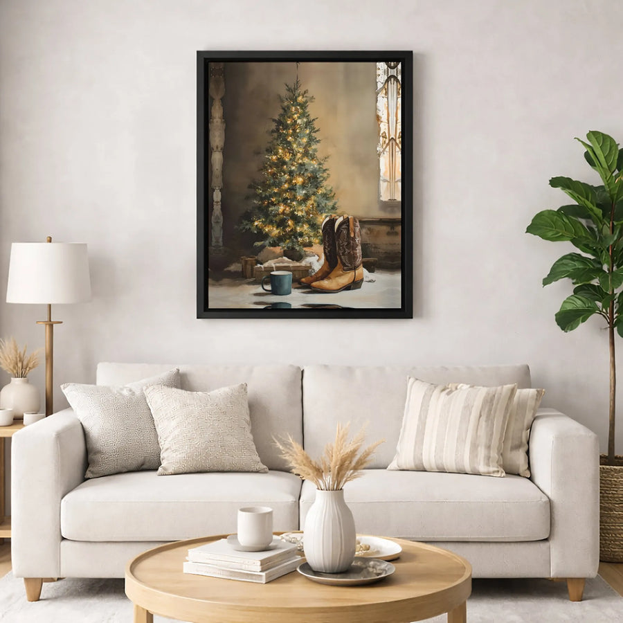 Western Christmas Wall Art | Cowboy Boots and Lit Tree Painting | Premium 1.25 Inch Canvas Print | Rustic Holiday Home Decor Gift for Cowgirl