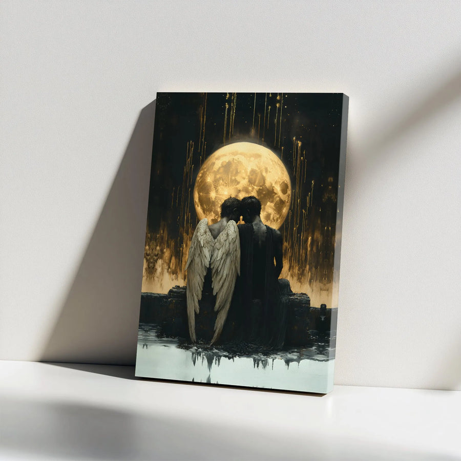 Angel And Demon Couple Wall Art | Romantic Gothic Moonlit Embrace | Premium Gallery Wrapped Canvas | Dark Fantasy Decor Gift For Partners
